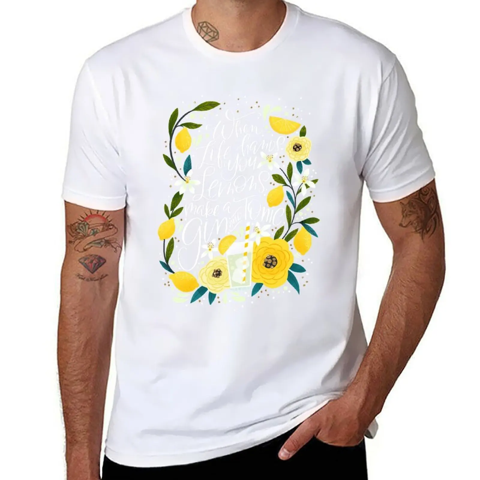 Cuando la vida te hace limones, hacer una Gin and Tonic camiseta camisetas para hombre camisetas suaves de algodón para hombre Camiseta divertida de algodón
