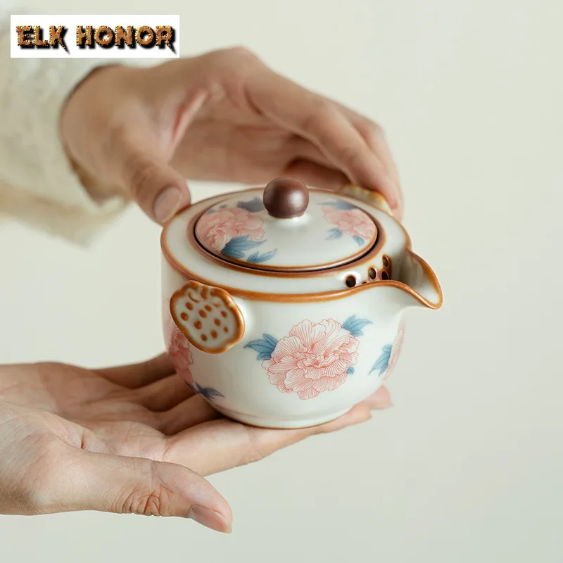 

200ml Ru Kiln Porcelain Hibiscus Flower Teapot Retro Tea Infuser Pot Tea Maker Kettle with Strainer Teaset Supplies Decoration