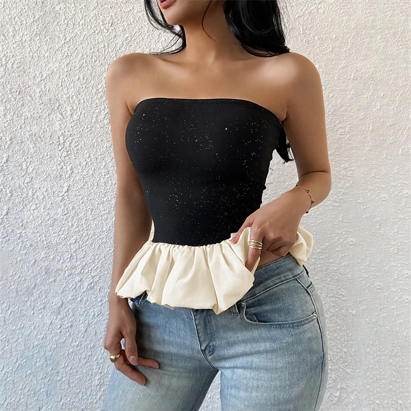 Benuynffy Sexy Club Party Tube Top Women Summer 2025 New Fashion Slim Fit Bud Top Streetwear Color Block Elegant Short Blouses
