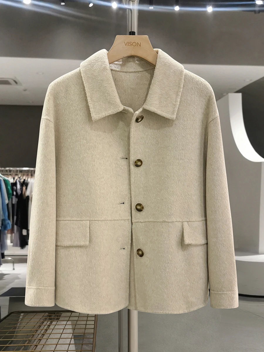 

Ele Double-Faced Woolen Coat Women's Faionable Autumn Winter Vintage Cheered Oaeal Color Commute Sle Button Detail