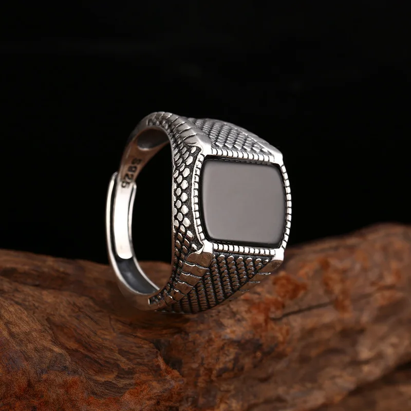 S925 Sterling Silver Black Agate Adjustable Ring Punk Style Old Process Free Size Women Fine Jewelry FYRNG168