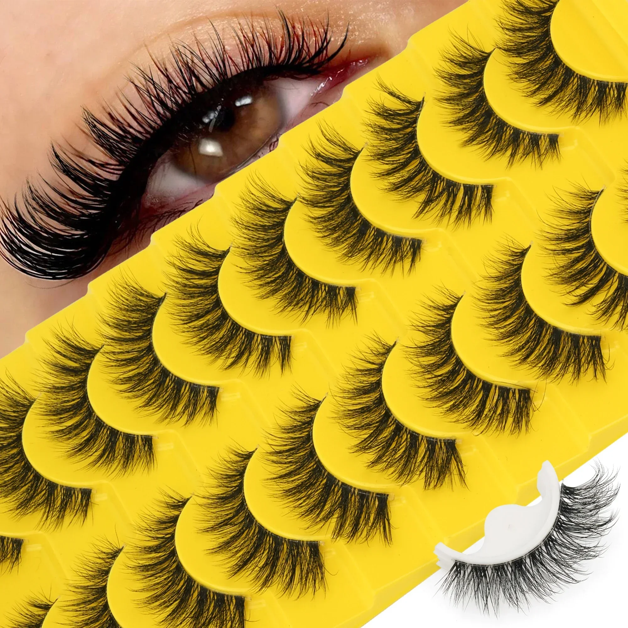 10Pairs Self Adhesive False Eyelashes,No Glue Needed Cat Eye 3D Faux Mink Strip Lashes, Wispy Fluffy Fake Eyelashes For Makeup
