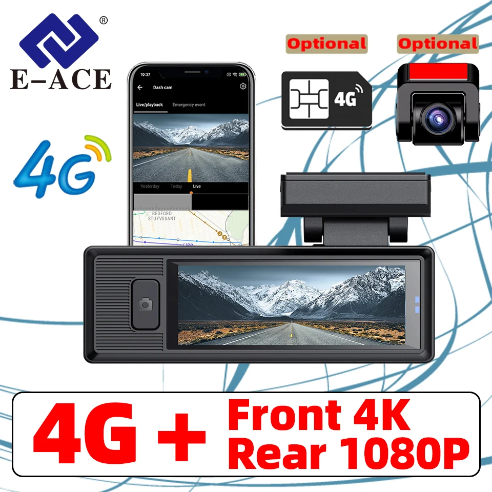 E-ACE 4K Dash Cam 4G Car Cameras Driving Trajectory/Electronic Fence/Collision Warning/Remote Playback/24-Hour Work Black Box