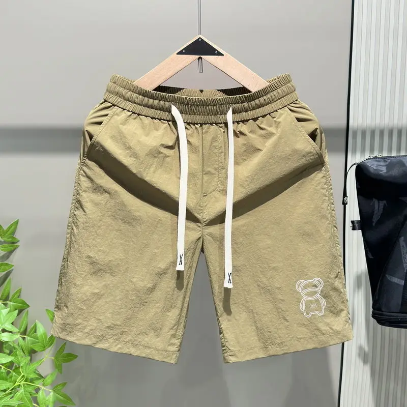 Trend Fashion Summer Casual Shorts Men\'s Letter Print Elastic Waist Drawstring Pockets Motion Loose Straight Knee Length Short