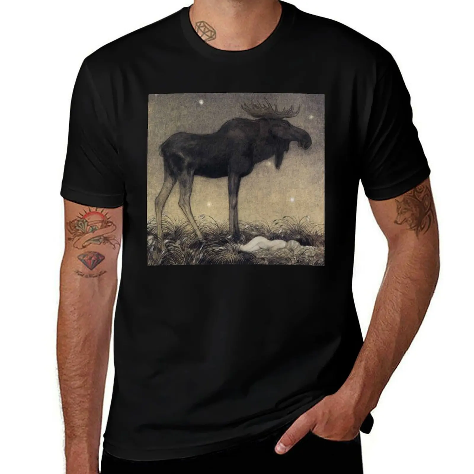 Leap The Elk And Princess Tuvstarr by John Bauer T-Shirt Big Size Short Sleeve Tee for Men T-Shirt