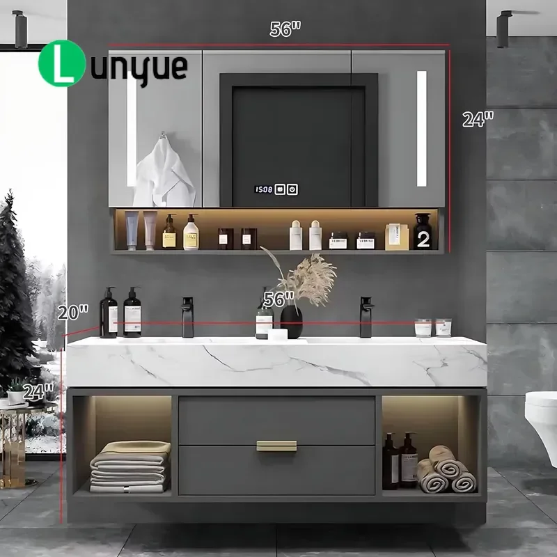 Wall Mounted Double Sink Bathroom Vanity Solid Wood MDF Modern Sturdy Durable Storage Cabinet For Home Hotel Restroom Decor