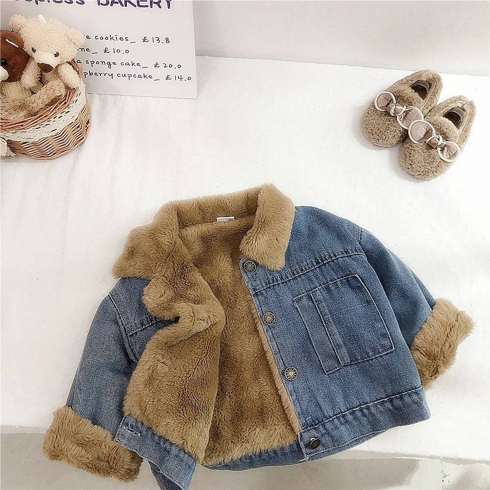 Girls\' cashmere denim coat winter thickened new integrated baby lamb cashmere warm gown children\'s cotton-padded jacket1-8Y