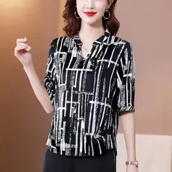 2024 Summer New Pullovers V-Neck Versatile Korean Version Loose Casual Fashion Short Sleeve Commuter Printed Chiffon Tops