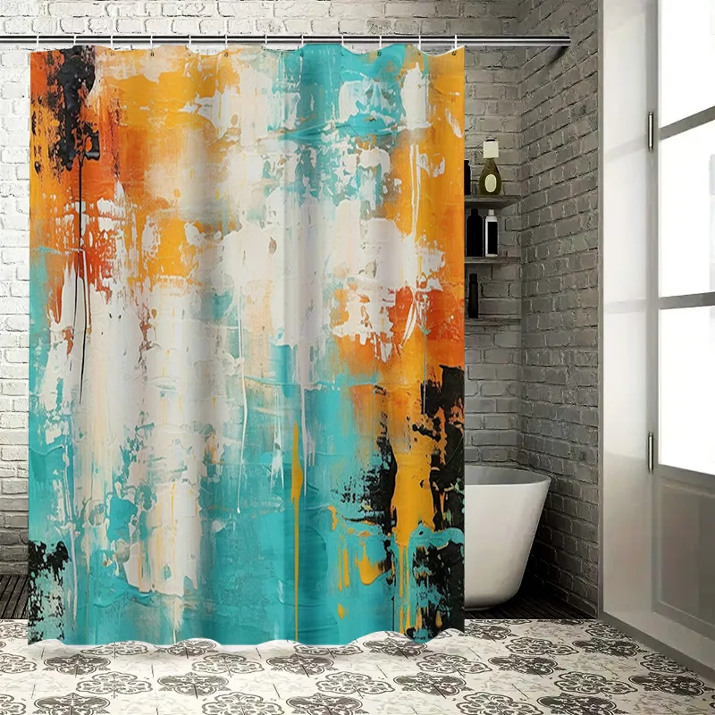 

Modern Colorful Shower Curtain Bathroom Decor Waterproof Fabric with Rings Orange Blue White Black Yellow Abstract Design Bath M