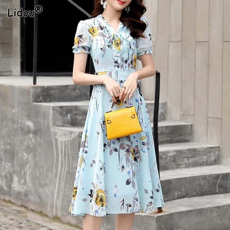 Chiffon Elegant Casual V-neck Short Sleeve Empire Summer New Fashion Slim Sweet Popular Graceful Print Female Clothing 2022