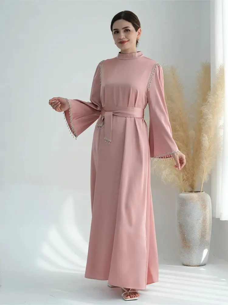 Imagem -04 - Abaya de Diamante Acetinado para Mulheres Vestido Ramadã Robe Turco Moda Árabe e Muçulmana Islâmica Islâmica Vestidos Africanos