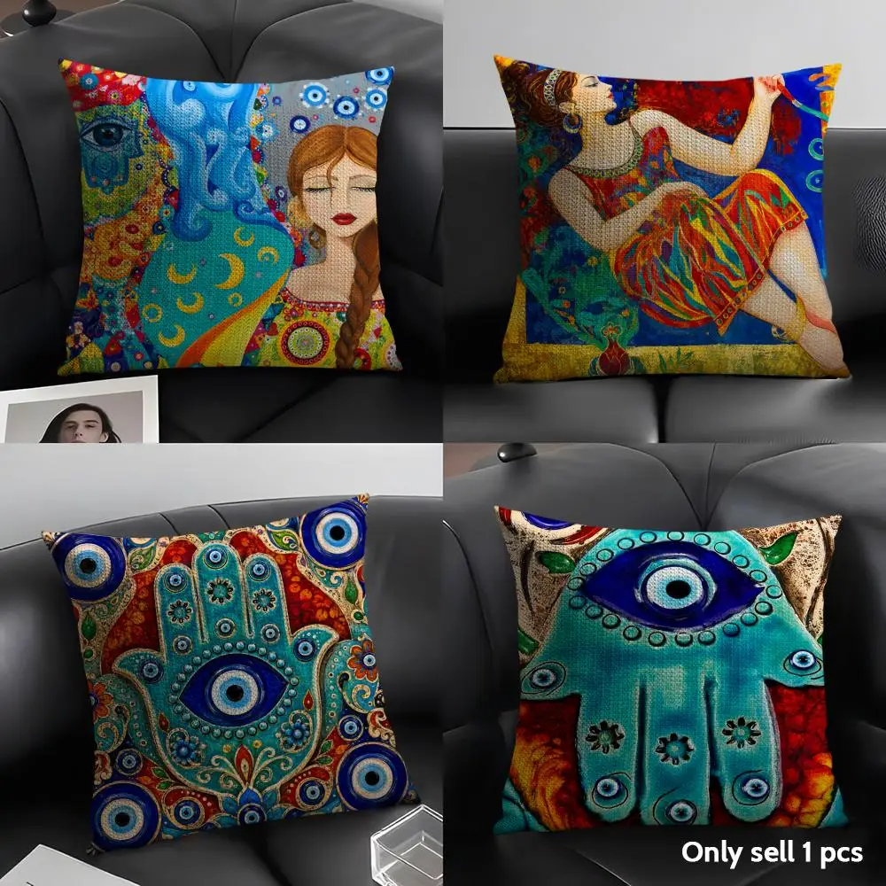 

Watercolor Painting Turkish Evil Eye Cushion Cover Organic Linen Soft Double-Sided Printing Breathable Gift for Home Decor