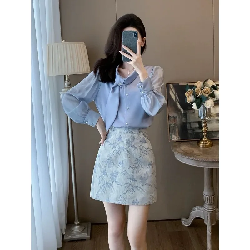 Temperament 2025, Anzug, französischer eleganter Button-Down-Hemdrock, neues langärmeliges zweiteiliges Set, neuer chinesischer Stil