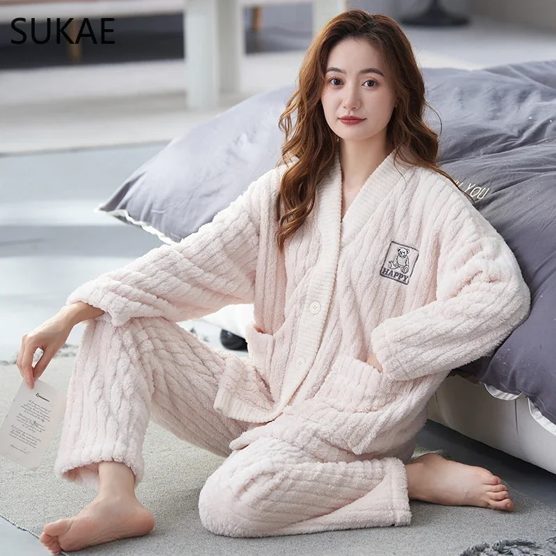 SUKAE Winter Coral Fleece Womens Thermal Pajamas Set Thick Sleepwear Girls Pijamas Kimono Lapel V-neck Homewear Fluffy Nightwear