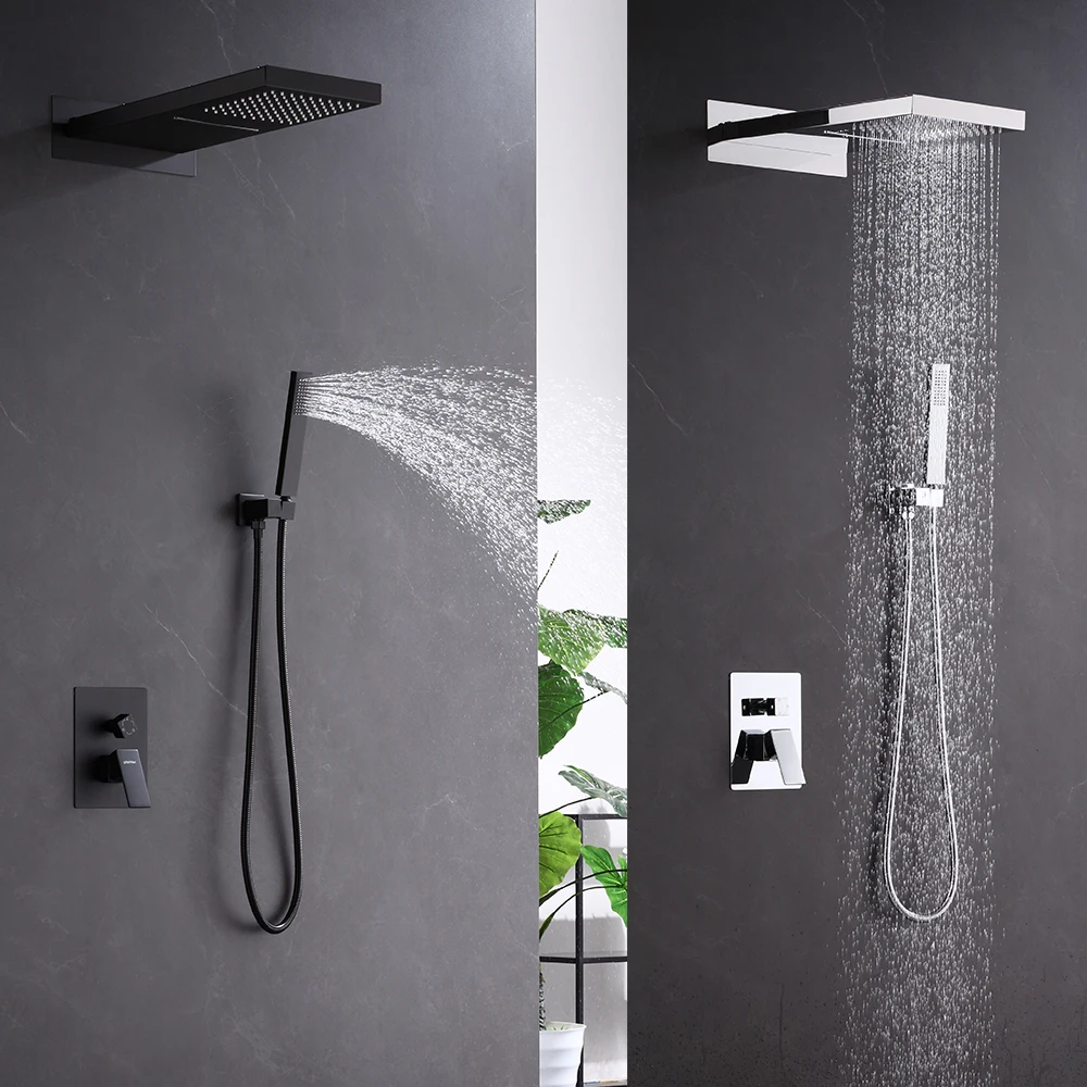 High-End Matte Black Shower Bathroom Faucets Set Waterfall Rainfall Mixer System Concealed Brass Sanitary for Villas and Hotels