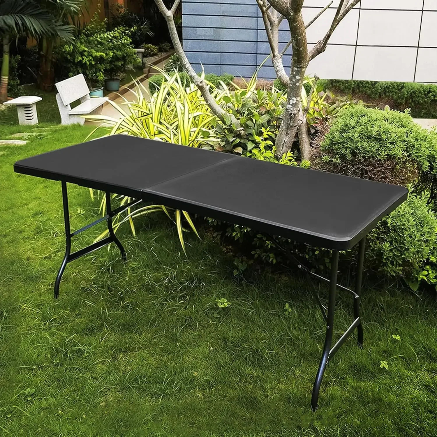 8ft Folding Table Plastic Fold-in-Half Table, Black | Heavy-Duty HDPE Tabletop, 300 lbs Weight Capacity, Portable Carry Handle