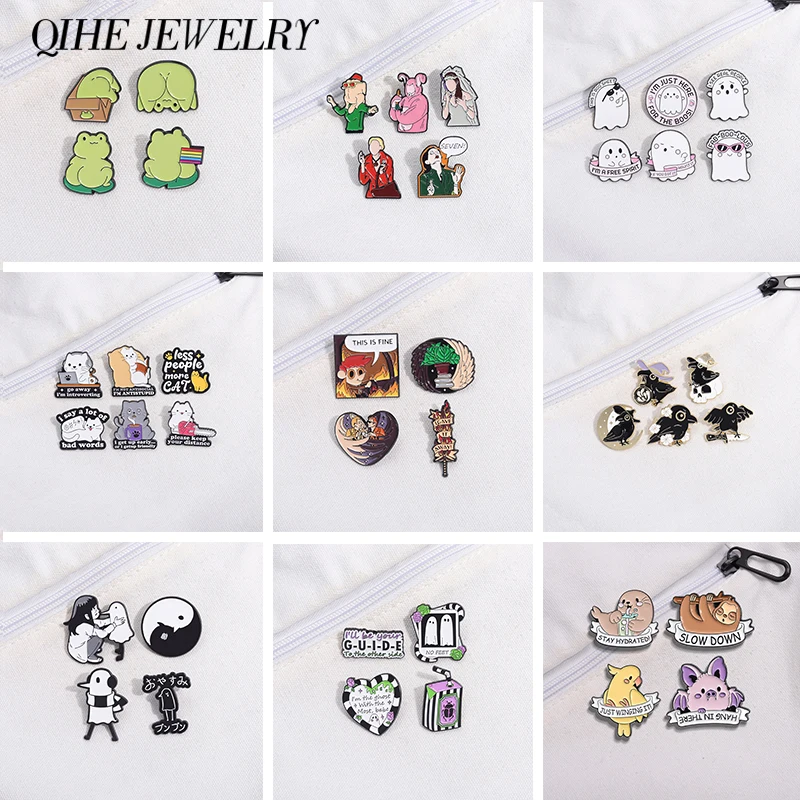 Conjunto de alfileres esmaltados de animales de dibujos animados, 4-7 piezas, broches personalizados de fantasma escalofriante, gato, pájaro, mochila, insignia de solapa, decoración divertida, regalos de joyería