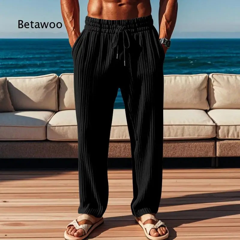 Men Vertical Striped Wide Leg Pants Drawstring Elastic Waist Side Pockets Loose Casual Sports Daily Wear Bottoms