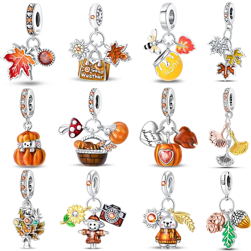 New 925 Silver Pumpkin Maple Leaf Scarecrow Harvest Romantic Autumn Charms Beads Fit Pandora 925 Original Bracelets DIY Jewelry