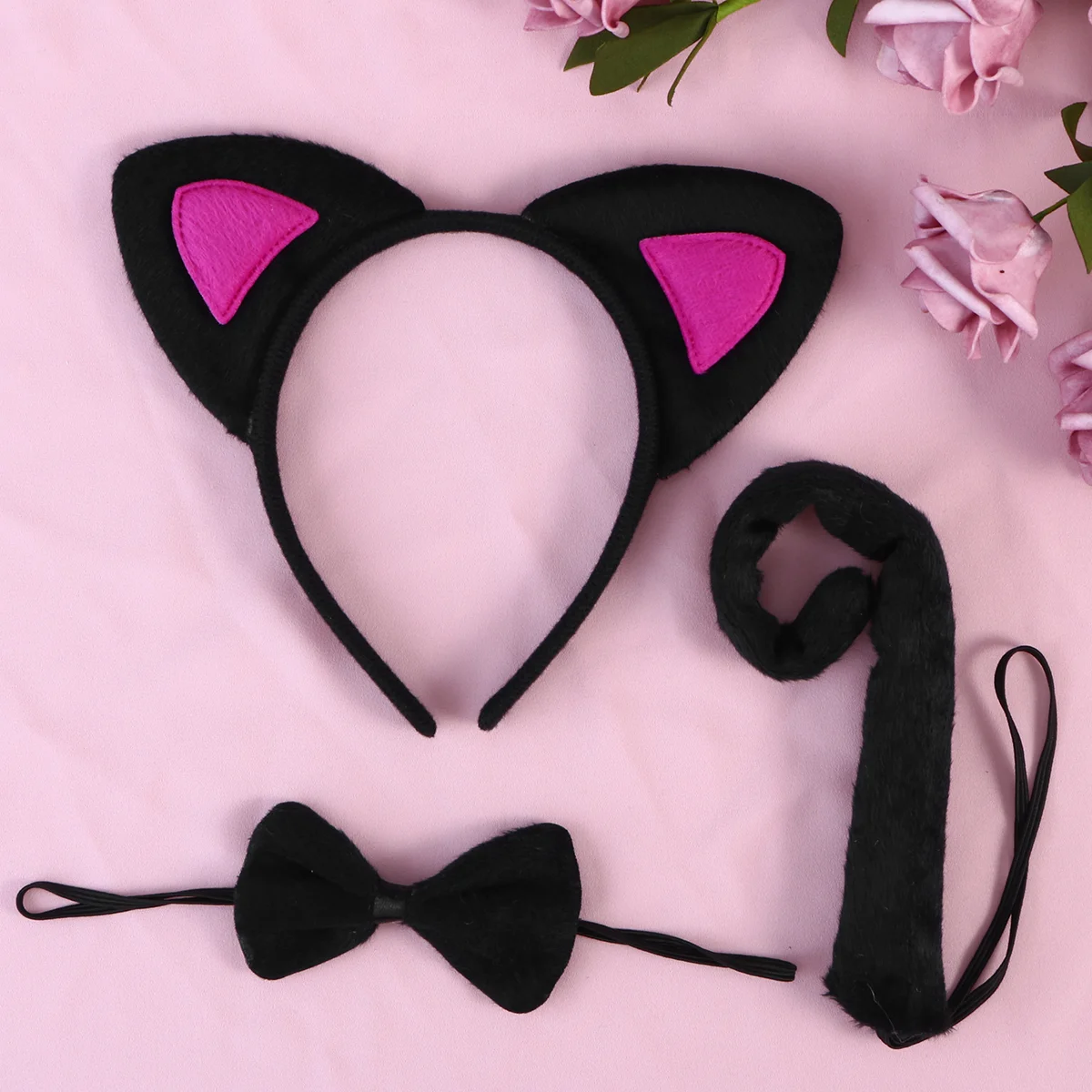 3Pcs Kids Cat Ears Headband Bow Ties Tail Set Party Cosplay Costume (Black and White) cat cosplay cat cosplay set