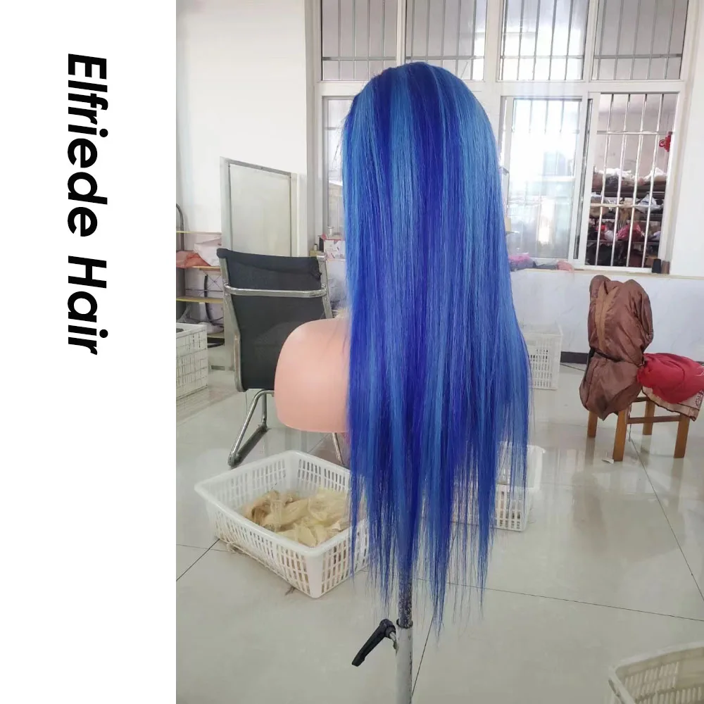 Elfriede # Blue Highlight Rechte Kanten Pruiken Voor Vrouwen Kant Pruik 4X4 13X4 13X6 Hd Lace Frontale Pruik 100% Remy Human Hair Pruiken