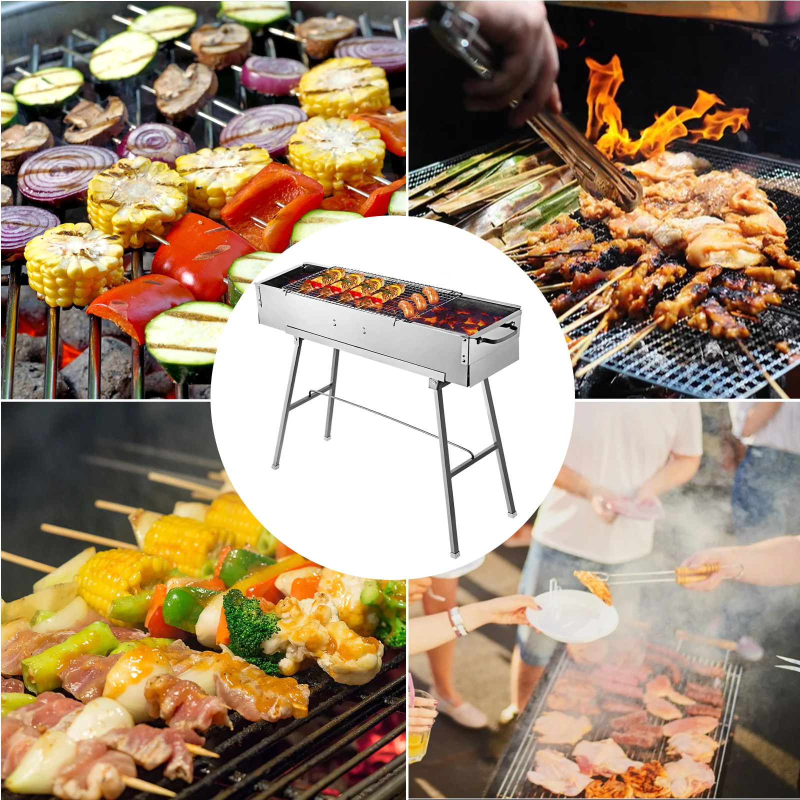 Anhon Tragbare Holzkohle BBQ Grill 80x17 cm Edelstahl Kebab Perfekt für Outdoor-Barbecue Camping (80 * 17 cm)