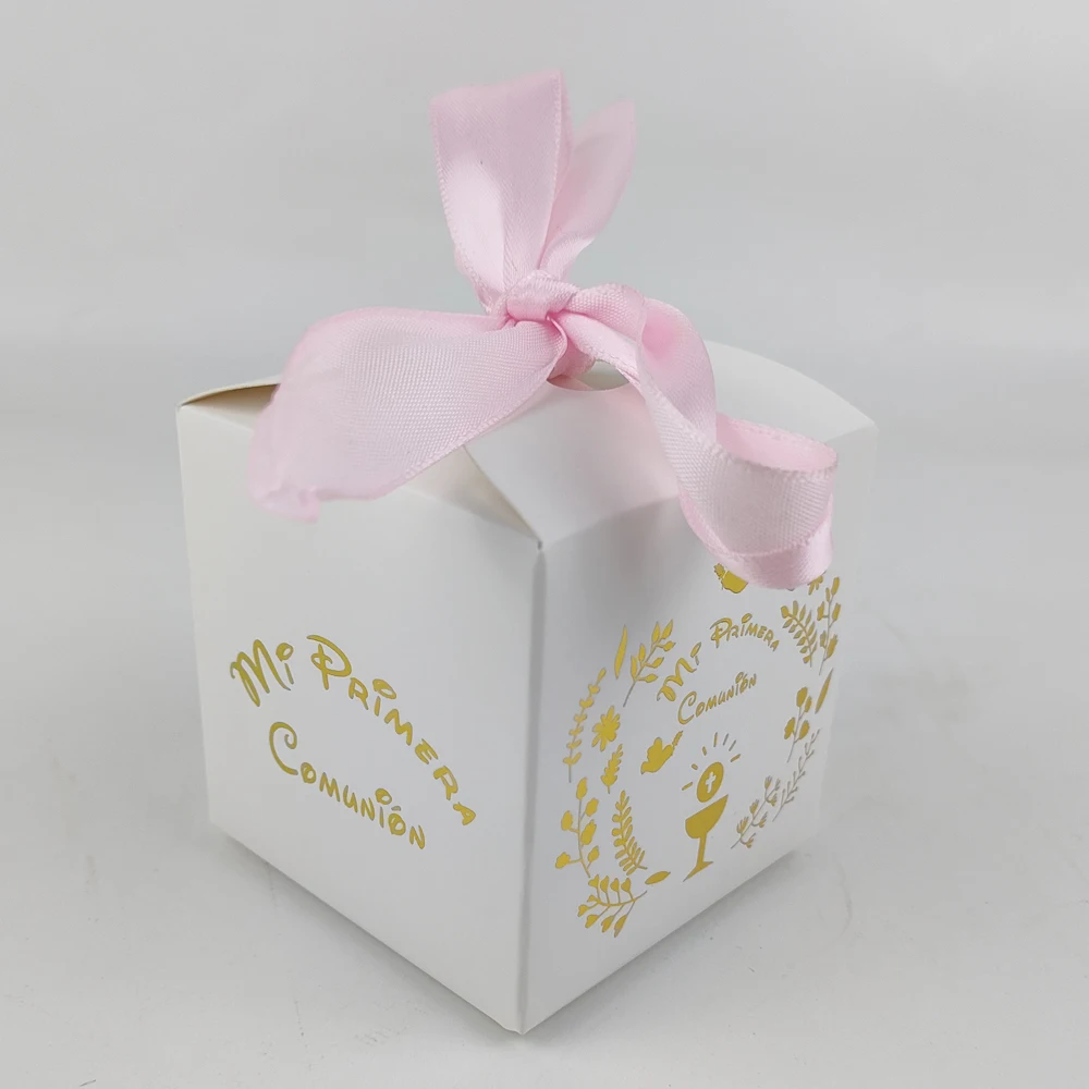 20 pieces 6.5x6.5cm Hot Stamping Mi Primera Comunión Gift Box For Spanish First Communion Party Decoration