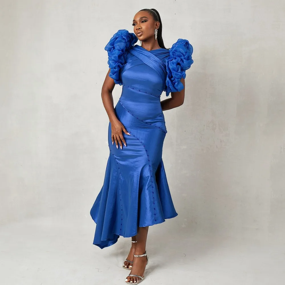 

Asymmetrical Royal Blue Prom Dresses Ruffles Sleeves Draped Mermaid Evening Dress Satin Beads Pearls Special Occasion Party Gown