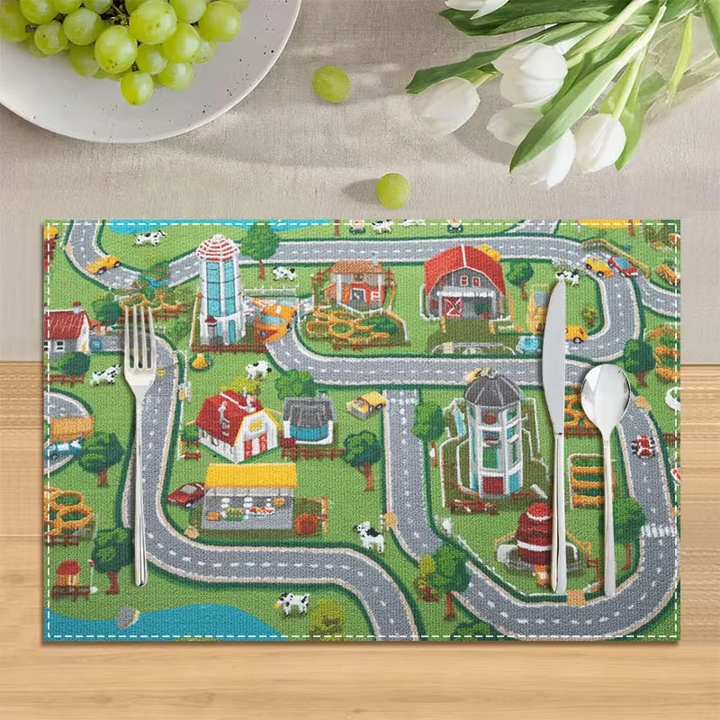Animal Car Road Map Placemat Stain-resistant Table Mat Cartoon Lion Panda Dining Pad for Kitchen Table Home Decor