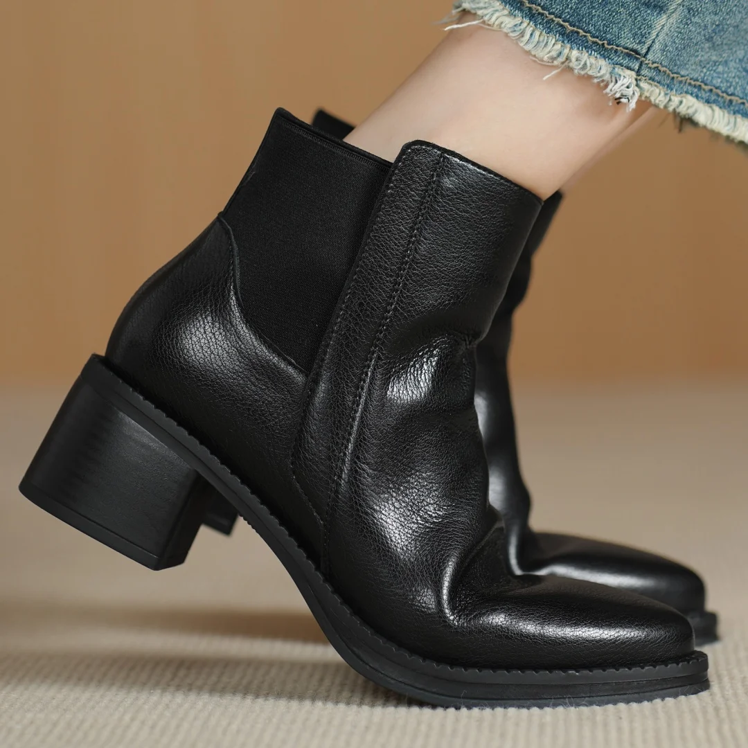 

2025 New women's genuine leather elastic fabric patchwork side zip autumn ankle boots 5cm thick med heel casual short boots shoe