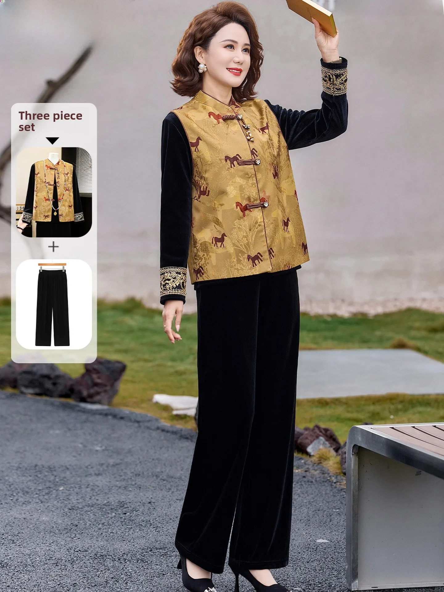 

Chic Velvet Tee-Piece Set Women's Vest Jaet Spring Faion for Middle-Aged And ly Ladies Comfortable Loose Fit Cardigan