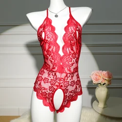 Sexy Crotchless Red Lingerie Women Lace Hollow Bodysuit Transparent Erotic Pajamas Deep V Open Bra Porn Underwear Sets Nightwear