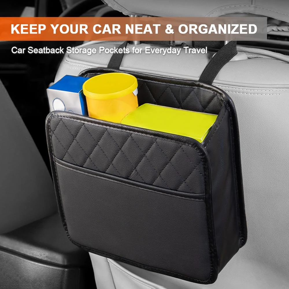 Car Seat Back Organizer, Large Capacity Foldable Car Seat Back Hanging Bag with 1 Extra Pockets, Waterproof Leather Auto Seats