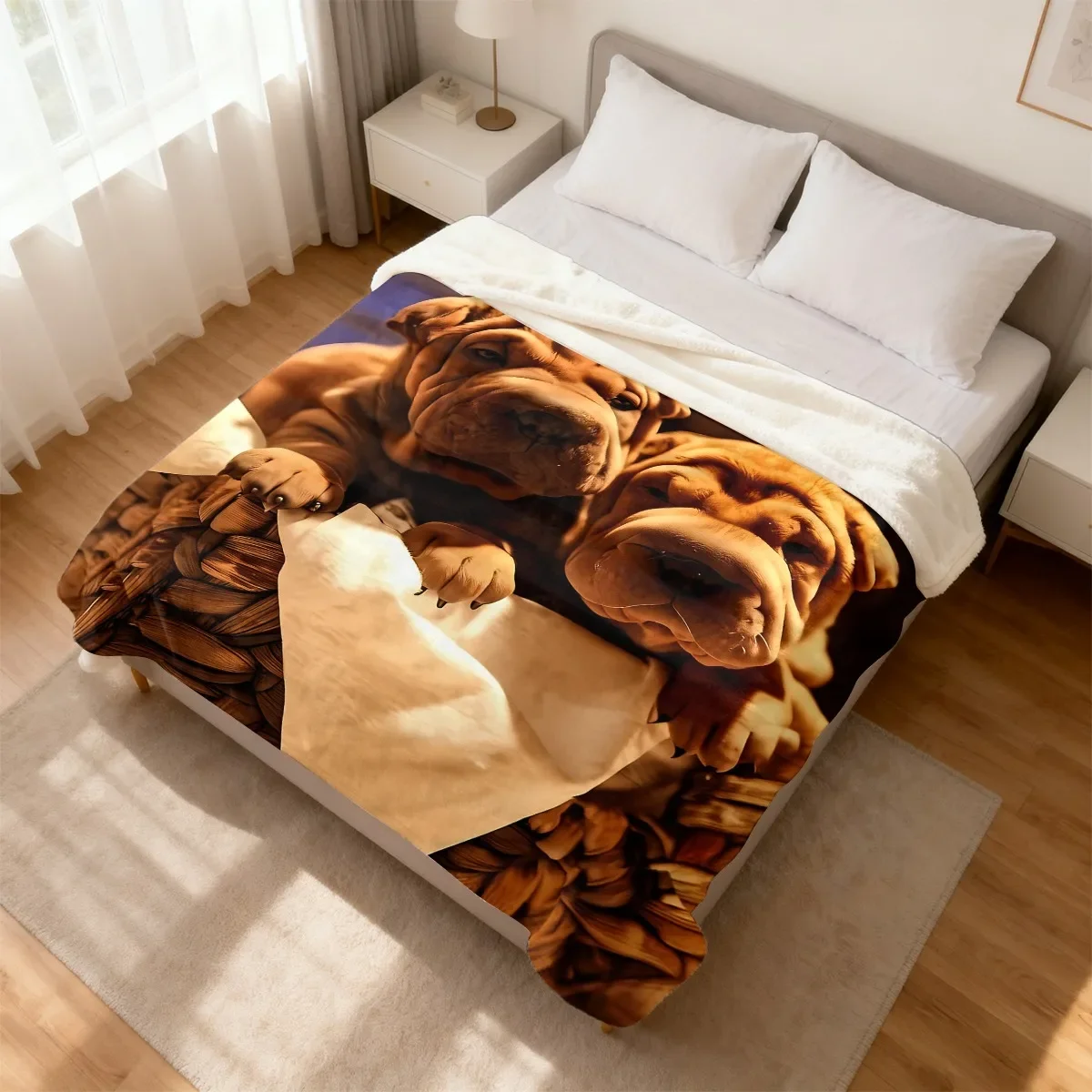 Two Shar Pei Puppiesina Basket Pattern Printing Flannel Fashion Print Blanket Cozy Balcony Halloween Gift Premium Choice Premium Choice Perfect for Exceptional Quality Perfect for Exceptional Quality
