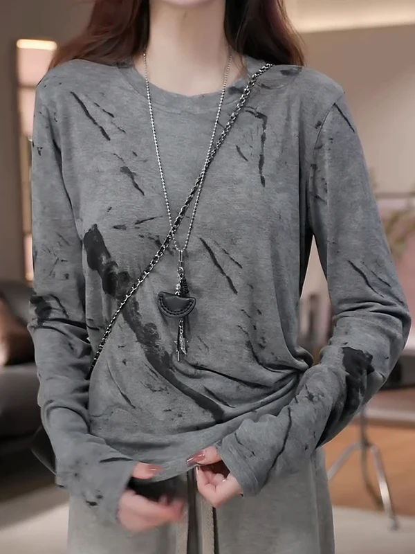 

plus Size Casual Tie Dye Long Sleeve Women's Base Shirt Inner Wear Slimming Top Cover Belly Spring New Style Street Fashion