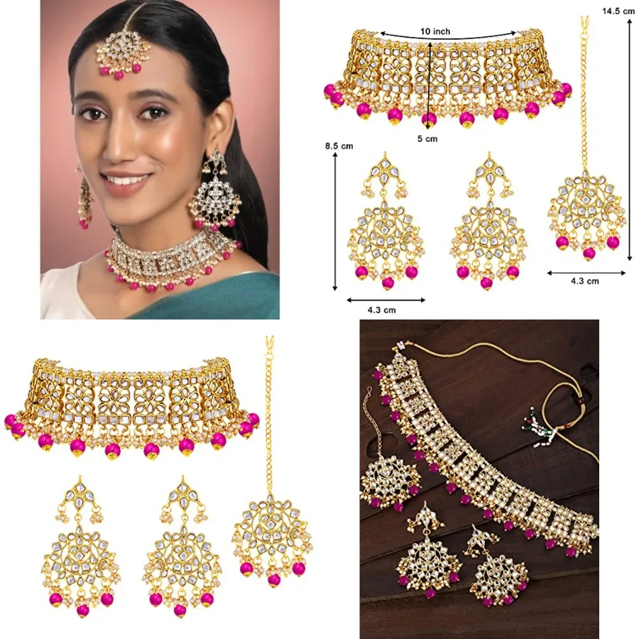 

Aheli Elegant Indian Faux Kundan Studded Choker Necklace with Maang Tikka Set Ethnic Wedding Wear Bharatanatyam jewellery set G