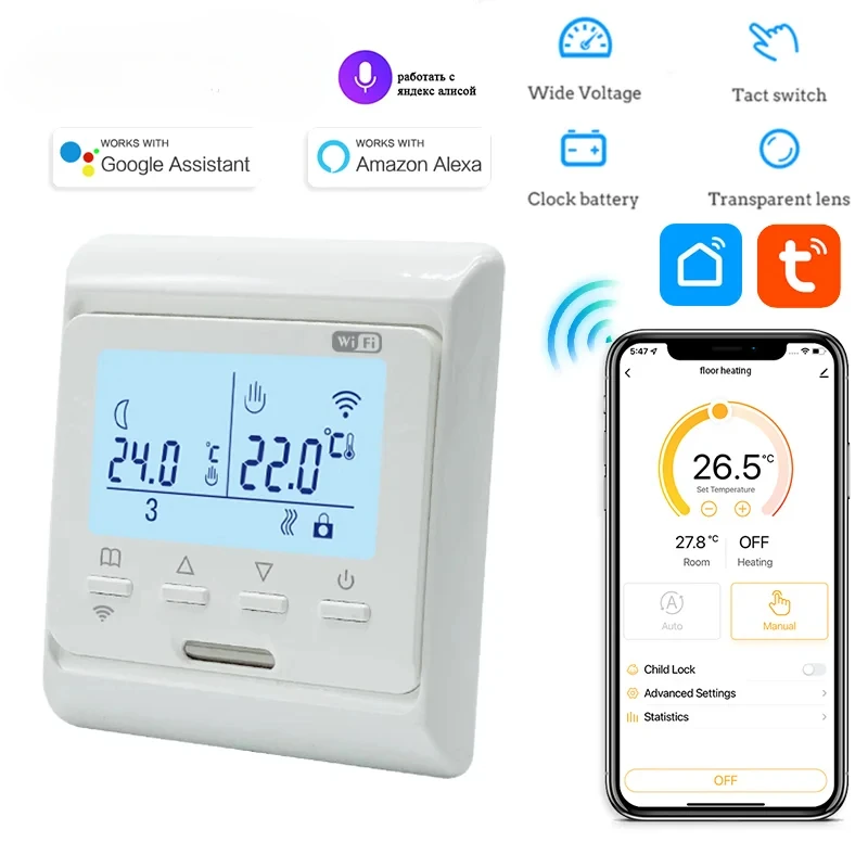 

Программируемый термостат для теплого пола с Wi-Fi, 220 В, 16 А, электрический домашний регулятор температуры теплого пола, приложение, дистанционное управление