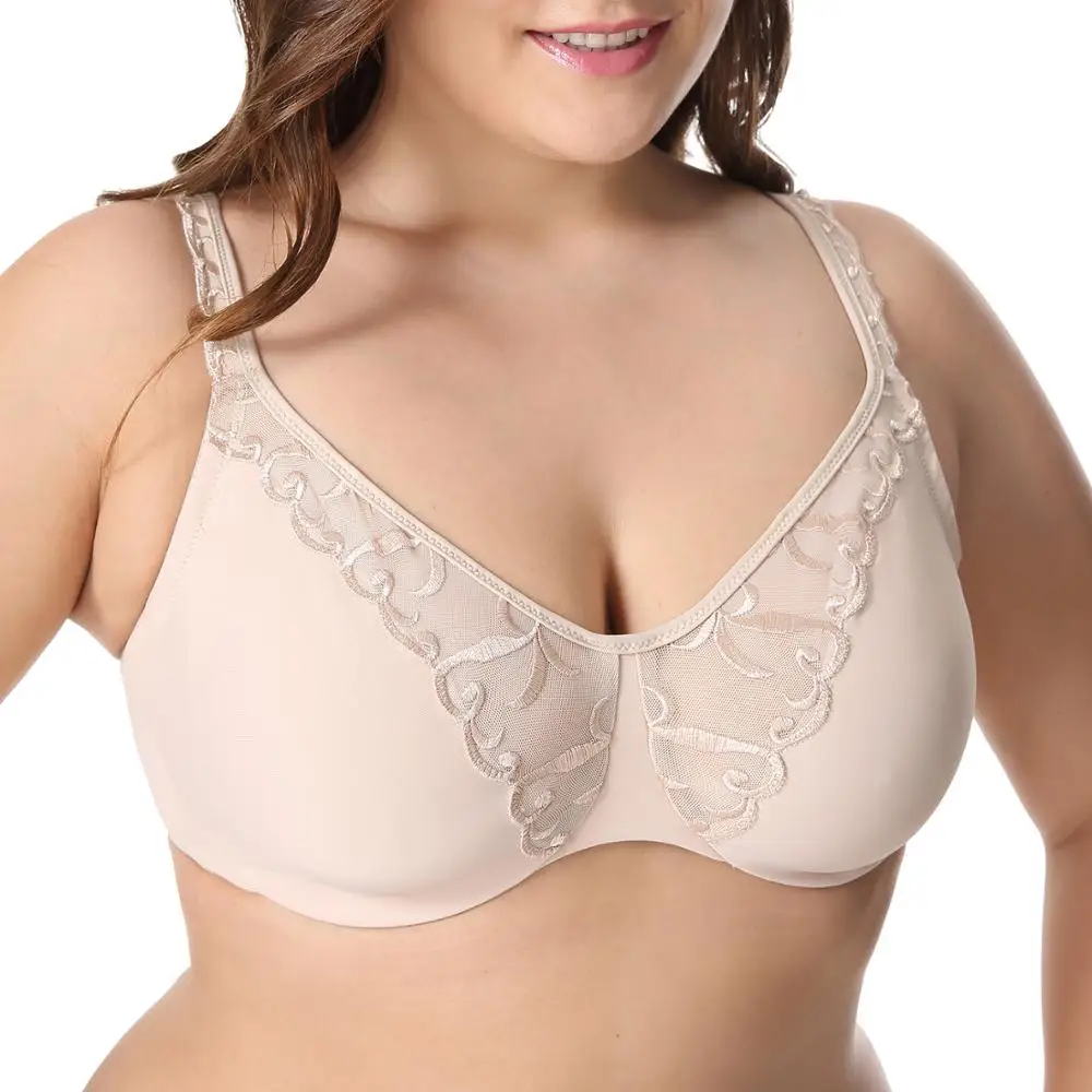 Women Non-padded Underwire Plus Size Full Coverage Embroidered Minimizer Bra 75 80 85 90 95 C D DD E F