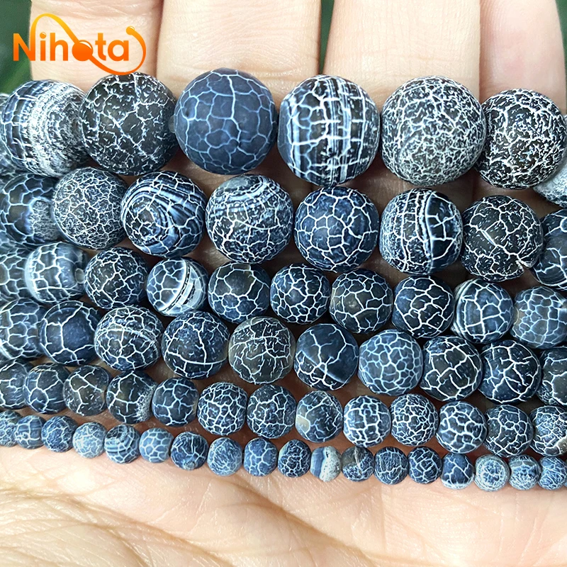 Frost Crab Natural Black Dragon Veins Agates Round Beads 4/6/8/10/12/14MM Diy Earrings Accessories Jewelry Making 15\