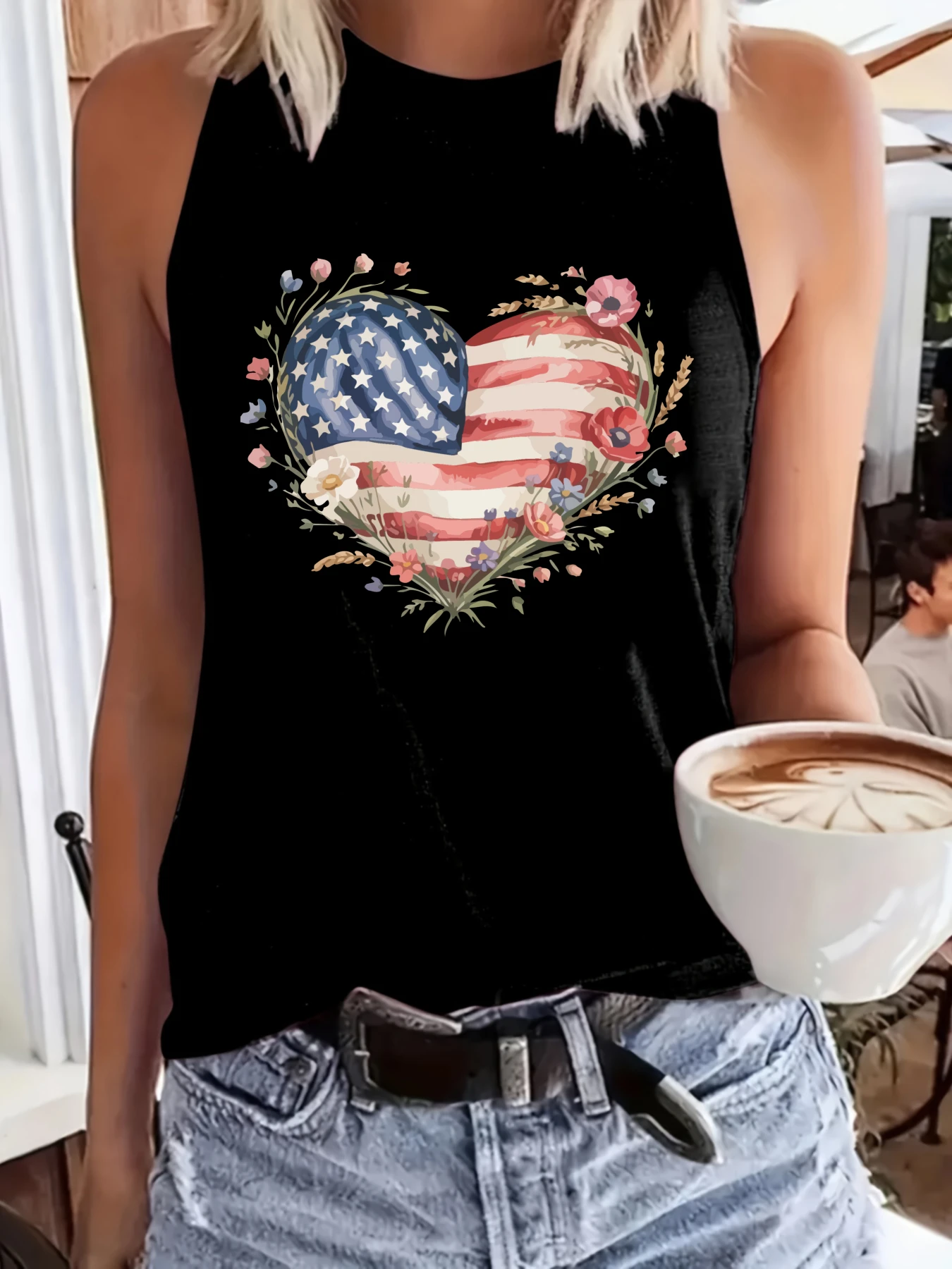 Women's Plus Size Vest for Independence Day Heart Flag Flowers Stars Stripes Suitable for sports and daily wear sleeveless