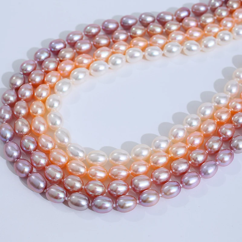 

Wholesale Pearls 3A 8-9mm High Quality White Pink Purple Zhuji Cultured Freshwater Rice Pearl Strand for Making Necklace 38-39cm