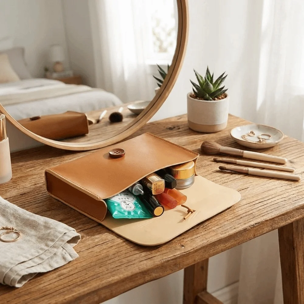 Multi-purpose Envelope Shape Cosmetic Bag Button Closure Faux Leather USB Data Cable Mouse Organizer Lightweight Waterproof