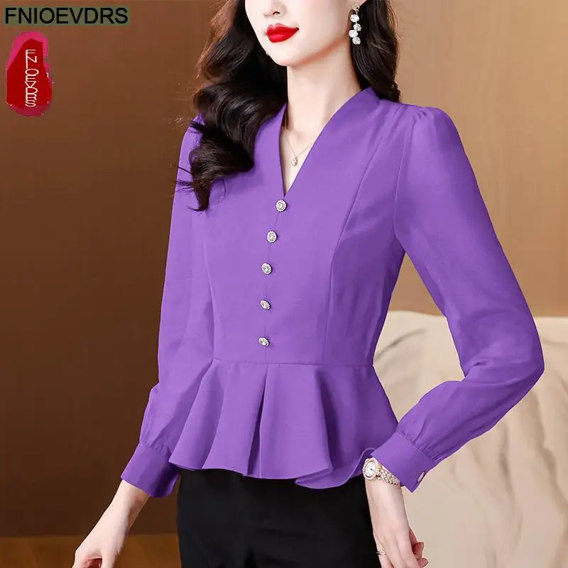 Office Shirts Basic Wear New Design Women 2024 Autumn Spring Work Lady V Neck Long Sleeve Black Purple Ruffles Peplum Top Shirt