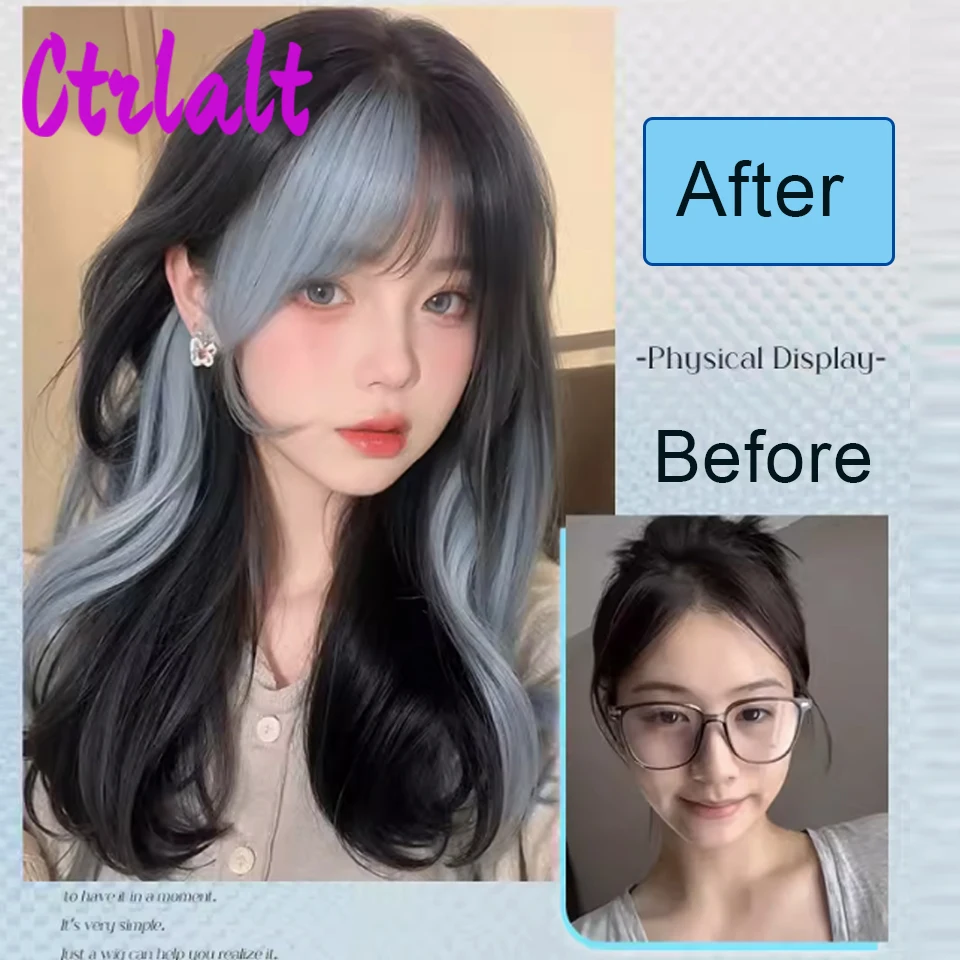 Black Blue Highlights Synthetic Short Wavy Women Wig Fluffy Lolita Cosplay Heat Resistant Wig with Bangs for Daily or Halloween