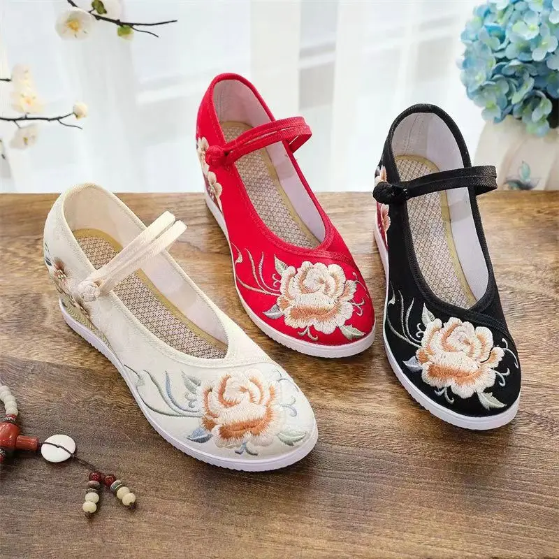 Új Női wedges Olajfestmény embroidered Félcipő Tömített Talp vlies Elcsúszik ligh Futam Fokhagymagerezd Etnikai stílusú hanfu Félcipő retro Vörös biliárdgolyó esküvői Félcipő