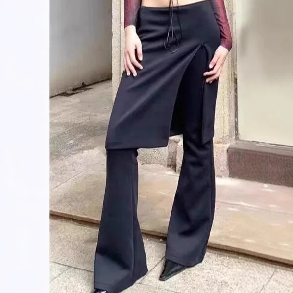 Trendy Two-Piece Look Knit Slit Skirt Pants For Women Autumn Collection Slim-Fit Stretchy Micro Flare Pants In Maillard IA99