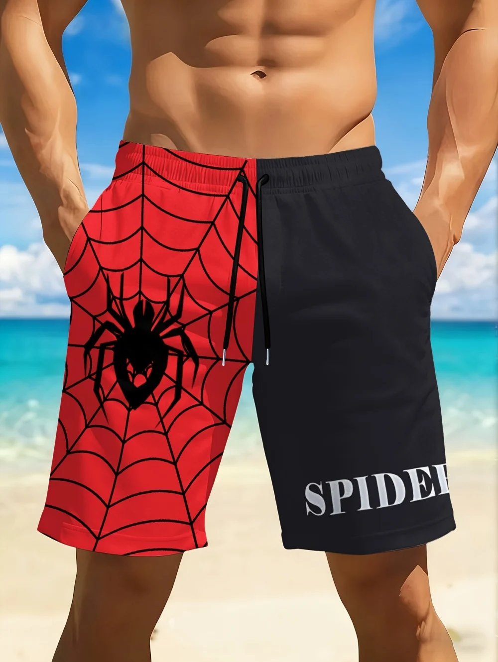 Men Shorts Spider Graphic Swim Trunks Fashion Beach Vacation Drawstring 3D Print Shorts Oversized Breathable Men Summer Clothing