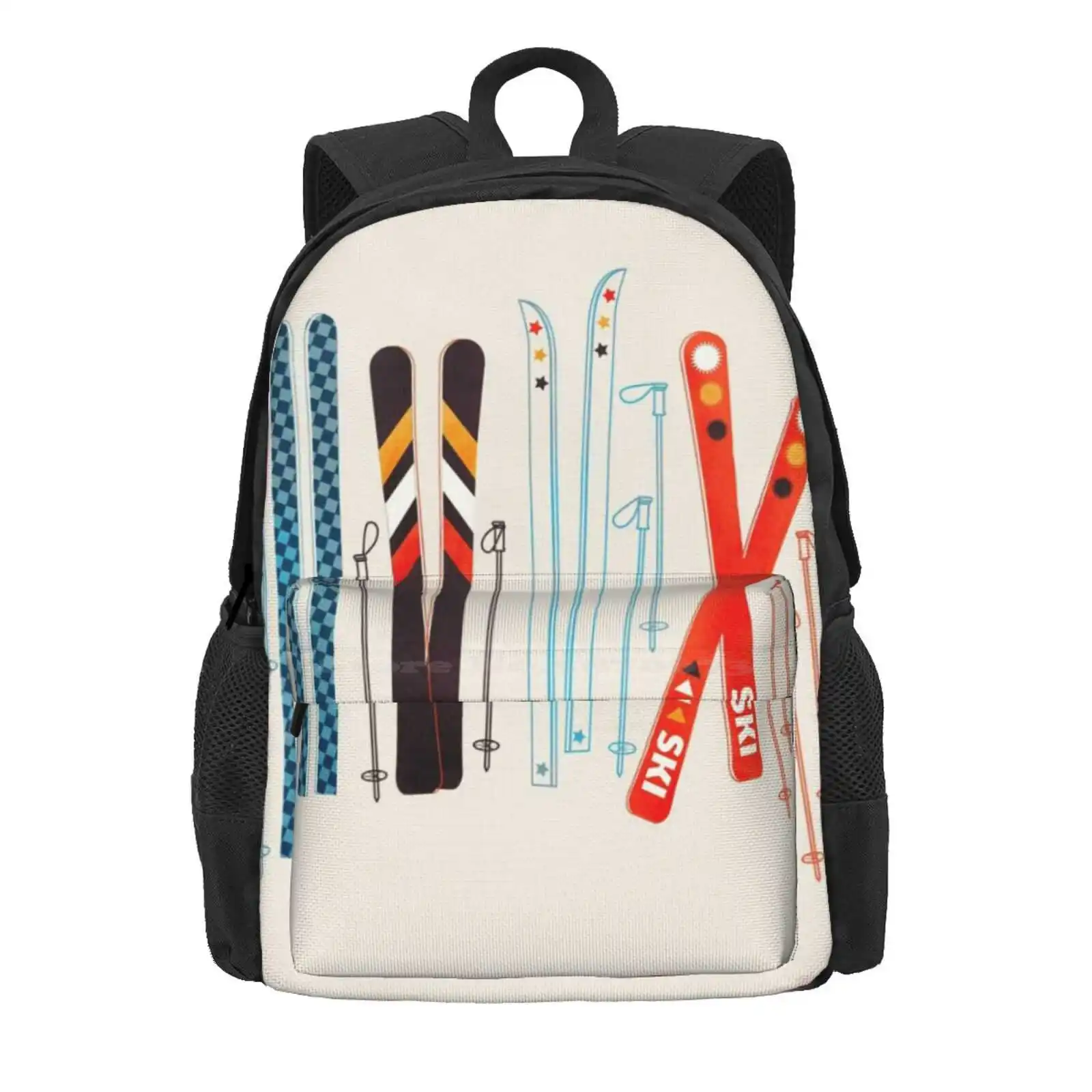 Colorful Retro Ski Illustration Hot Sale Schoolbag Backpack Fashion Bags Colorful Skiing Skier Ski Instructor Ski School Aspen