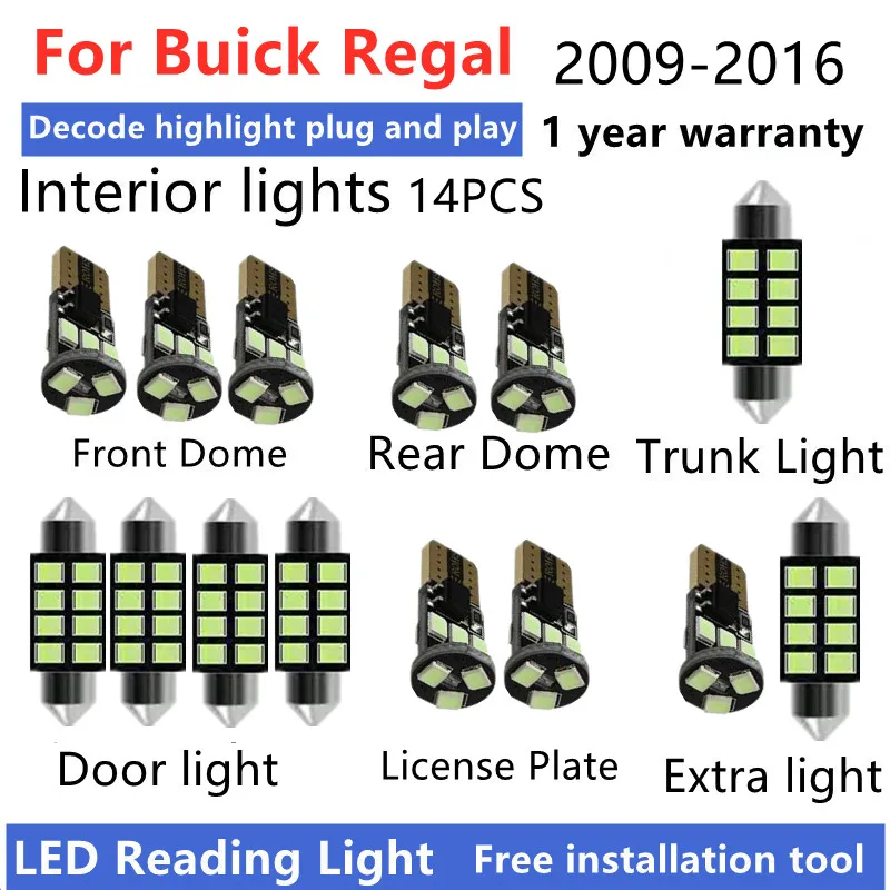 For Buick Regal 2009 10 11 12 13 14 15 2016 LED Interior Light Bulb Kit Canbus Car Reading Dome Trunk Vehicle Indoor Lamp