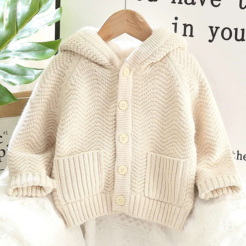 2023 Winter New Boys Sweater Jacket Lining Plus Velvet Thicken Keep Warm Hooded Overcoat For 1-8 Years Girls Knit Cardigan